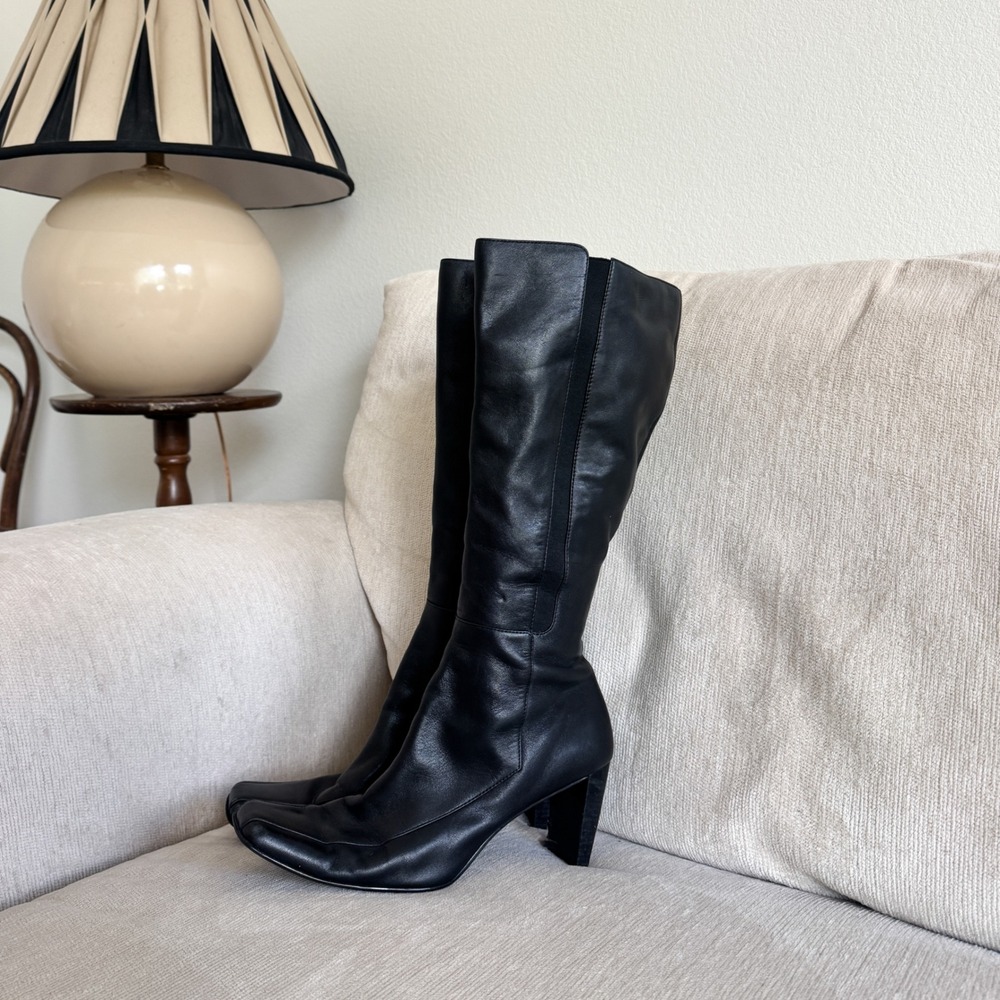 Vintage Y2K Black Leather Tall Boots Square Toe High Heel Size 9.5M Anne Klein